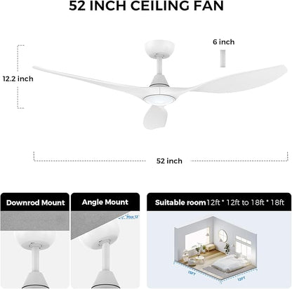 Roomratv Ceiling Fans with Lights and Remote Control,Quiet Noiseless Reversible DC Motor,6 Speeds,Timers, 3 CCT, Indoor Use, Plastic Blades,52 Inch White Ceiling Fan Smart APP Control for Living Room