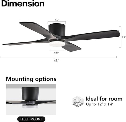 WINGBO 48 Inch Flush Mount DC Ceiling Fan with Lights and Remote, 4 Reversible Carved Wood Blades, 6-Speed Noiseless DC Motor, Hugger Ceiling Fan in Black Finish, Low Profile Ceiling Fans, ETL Listed