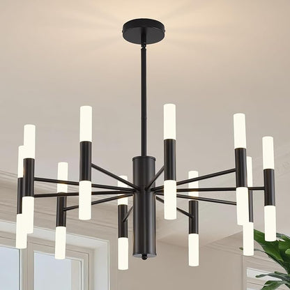 Modern Matte Black Chandelier 20-Light, Mid Century Sputnik Chandeliers with Acrylic Shades, 26.7" Candle Chandeliers for Dinging Room, High Ceilings, Living Room, Foyer, Entryway, G9 Base
