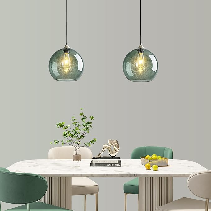 Modern 2-Pack Glass Globe Pendant Lights, Gray Green Modern Pendant Lighting for Kitchen Island, Glass Hanging Lamps for Dining Room Living Room Bedroom, Large 9.85 Inch Fixture (Bulbs Not Included)