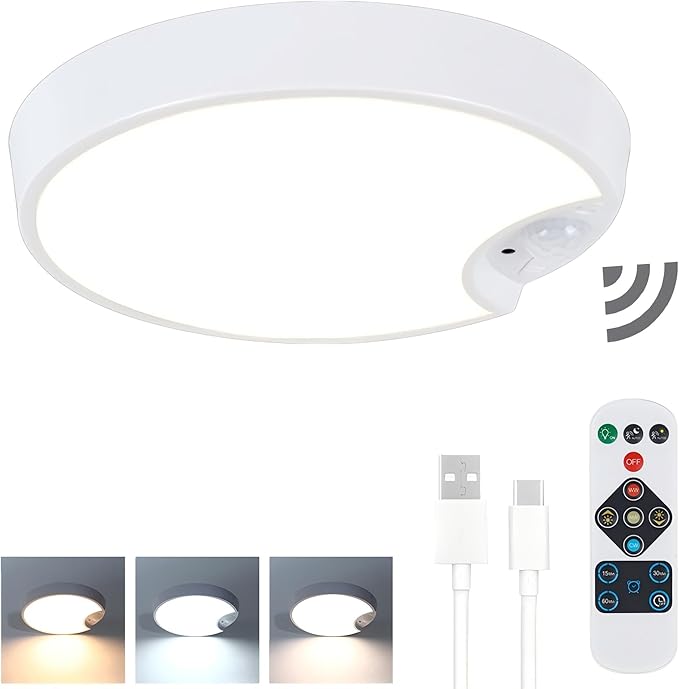 DJBoomy Rechargeable Motion Sensor Ceiling Light: Indoor LED Wireless Ceiling Light with Remote - Cordless Motion Activated Ceiling Lamp with Timer for Closet Hallway Bedroom (Rechargeable)