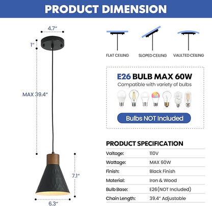 Modern Black Pendant Lights Kitchen Island, Mid Century Dome Pendant Light Set of 3, Small Industrial Hanging Pendant Lighting for Dining Room, Bedroom, Sink, Bar
