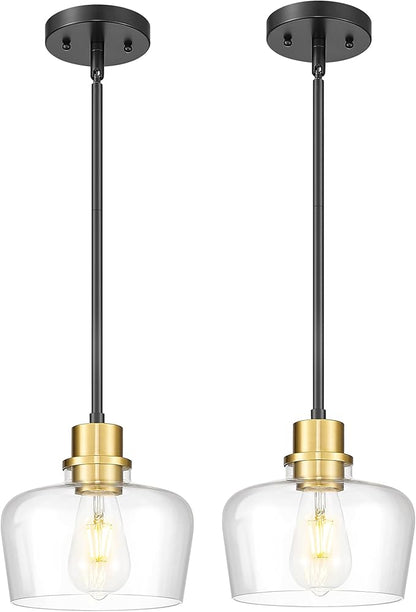 Emak 2 Pack Black Gold Pendant Lights Kitchen Island, Modern 8 Inch Clear Glass Pendant Light, Farmhouse Island Lights for Kitchen, Bathroom, Dining Room, PL122-BKBGD-CG-2PK