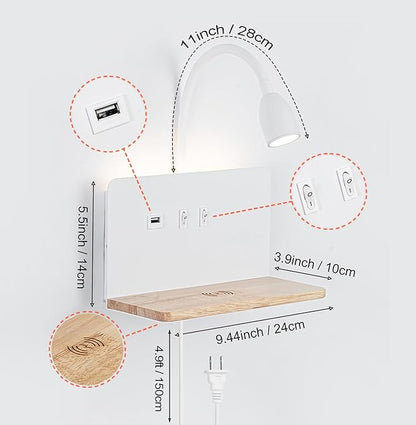Bedside Wall Sconces with Wireless Charging Station & USB Charging, 3 Adjustable Color Temperatures LED Reading light, 3000K Warm Ambient lighting Wall Mounted Sconce for Bedroom, Plug-in or Hardwired