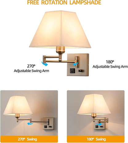 Plug in Wall Light,Swing Arm Wall Sconces with USB Port and Outlet,Wall Lamp with White Fabric Shade Dimmable Switch for Bedroom, Living Room , Office Nickel
