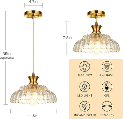 2Pack Glass Pendant Lights Kitchen Island, 11.8" Vintage Lighting Glass Light Fixtures Brushed Gold Modern Chandelier Hanging Ceiling for Dining Living Room Restaurant Bedroom Foyer