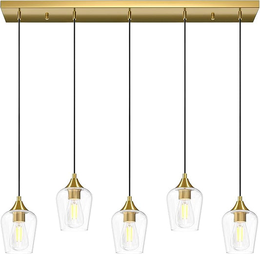 VONLUCE Pendant Lights Kitchen Island, Brushed Gold Pendant Light Fixtures with E26 Base & Adjustable Cable, Modern Pendant Lighting with Glass Shade for Living Room Bedroom Hallway, 5-Light