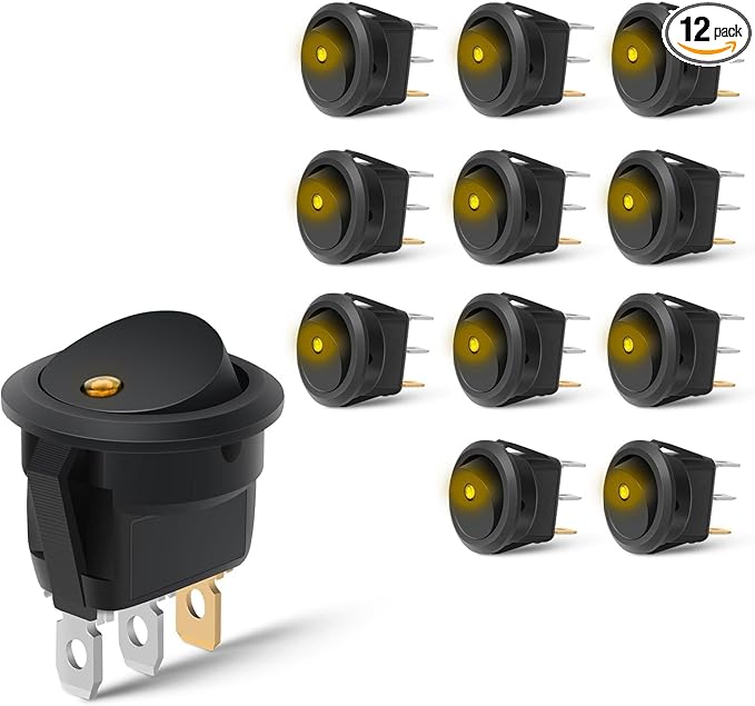Nilight 12PCS Round Rocker Switches 12V 24V 20A Yellow LED Toggle swtiches SPST 3 Pin 2 Position for Car Truck Vehicle Boat Marine Rocker On Off Control