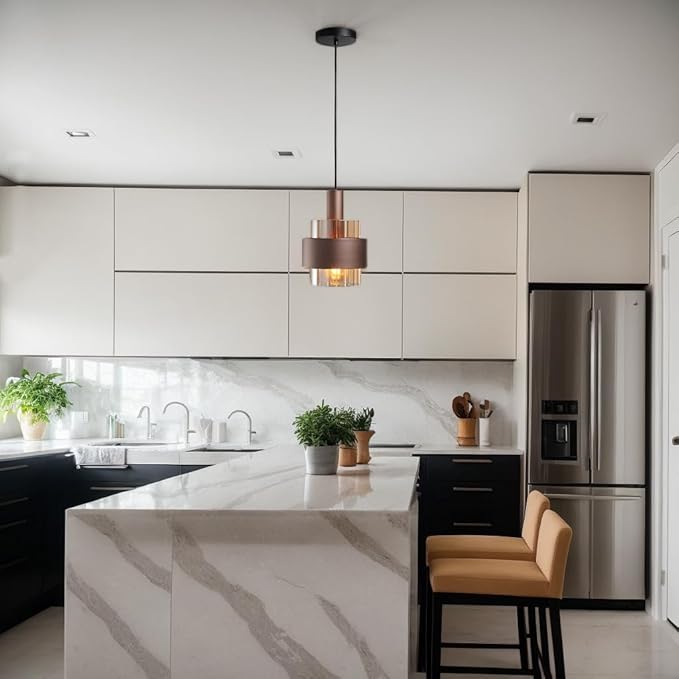 Modern Pendant Light Kitchen Island, 7.3" Mini Hanging Lamp Over Sink, Adjustable Cord Chandelier Ceiling Lighting Fixtures with Amber Glass Lampshade