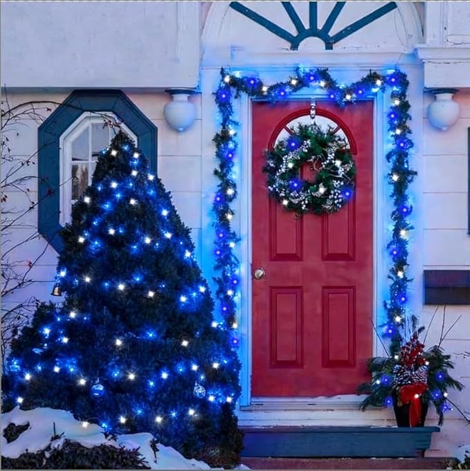 32.5FT 100 LED Blue White String light,16 Modes Plug in Blue LED Christmas MiniLights, Ocean party Fairy Lights, Waterproof Outdoor Christmas Lights for Xmas Tree Garland Wreath Bedroom Decor