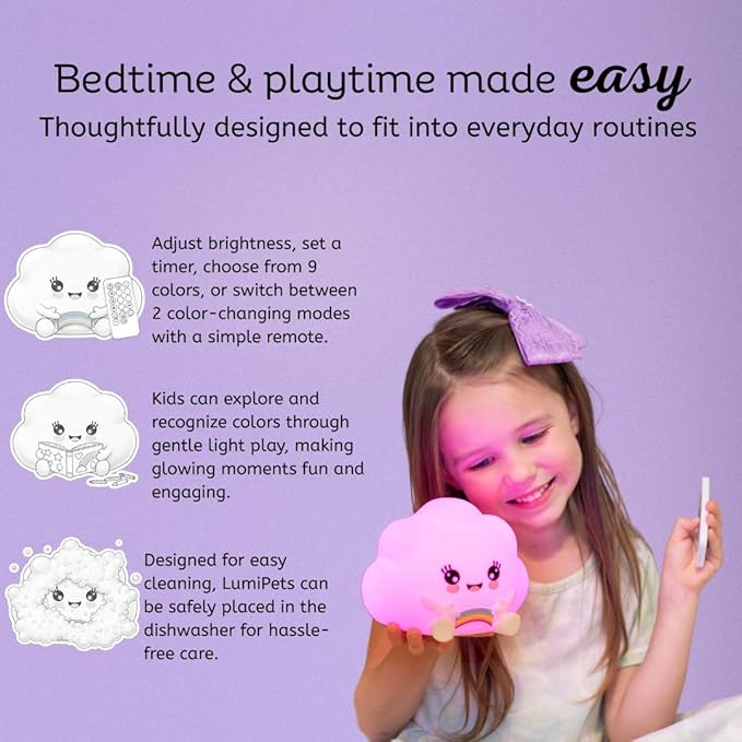 Lumipets Cloud Squishy Night Light for Kids | Soft Silicone Bedside Mood Lamp with Remote & Tap Control | Rechargeable Color Changing Night Light for Boys & Girls | Portable Nightlight with USB Cord