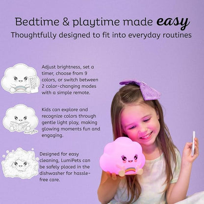 Lumipets Cloud Squishy Night Light for Kids | Soft Silicone Bedside Mood Lamp with Remote & Tap Control | Rechargeable Color Changing Night Light for Boys & Girls | Portable Nightlight with USB Cord