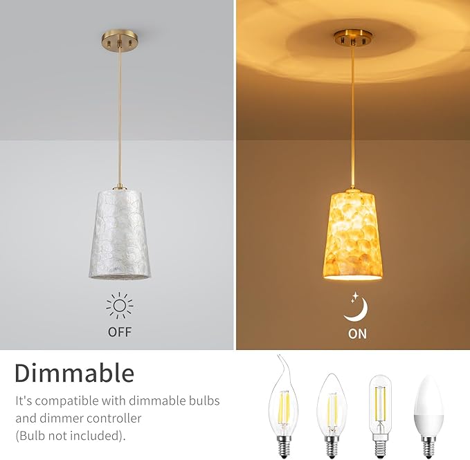 LumFurn D7 inch Capiz Shell Chandelier, 1-Light Coastal Design Pendant Light Fixture for Dining Room, Kitchen Island, D7xH18~66"(Adjustable Height), Shell Lampshade & Gold Finish (2-Pack)