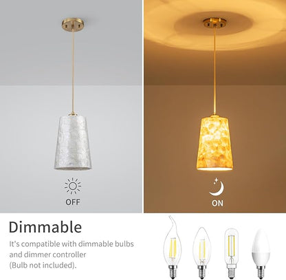 LumFurn D7 inch Capiz Shell Chandelier, 1-Light Coastal Design Pendant Light Fixture for Dining Room, Kitchen Island, D7xH18~66"(Adjustable Height), Shell Lampshade & Gold Finish (2-Pack)