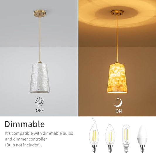 LumFurn D7 inch Capiz Shell Chandelier, 1-Light Coastal Design Pendant Light Fixture for Dining Room, Kitchen Island, D7xH18~66"(Adjustable Height), Shell Lampshade & Gold Finish (2-Pack)