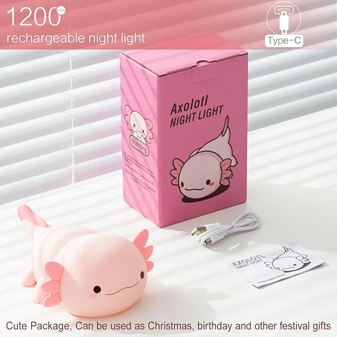 YR YRHH-PET Axolotl Lamp Kid Cute Night Light, Rechargeable Squishy Axolotl Gifts for Girls, Mother, Baby Touch Nightlight, Dimmable Silicone LED Animal Toy, Bedside Pink Lamp, Nursery Kawaii Décor