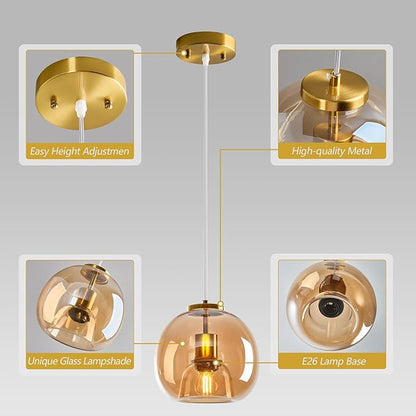 Amber Glass Pendant Lights Kitchen Island Gold Hanging Light Fixture Glass Globe Pendant Light Modern Pendant Lighting for Kitchen Island Bedroom Dining Room (7.87", 1 Pack)
