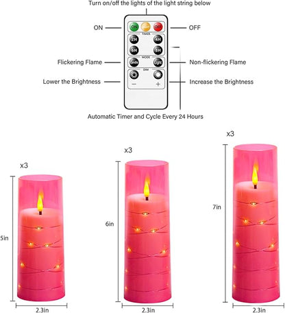 Nimiko Flickering Flameless LED Candles,Battery Operated Candles 9 Pcs with Embedded Star String,Acrylic LED Pillar Candles with Remote,Suitable for Home Decoration to Create an Atmosphere (Pink)