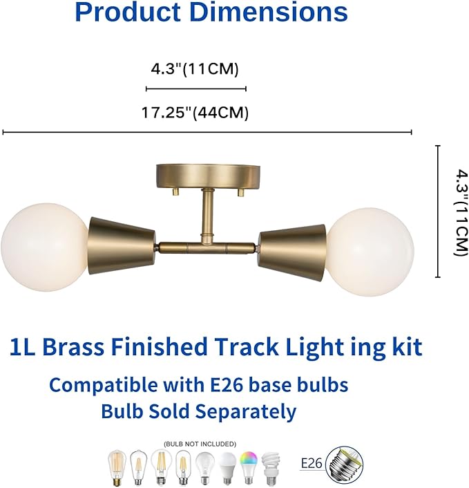 2-Light Modern Track Lighting Kit,Matte Brass Pivot Light Head, Flush Mount Adjustable Ceiling Light Spotlights for Bedroom,Living Room,Dining Room, Hallway,E26 Bulb Not Included