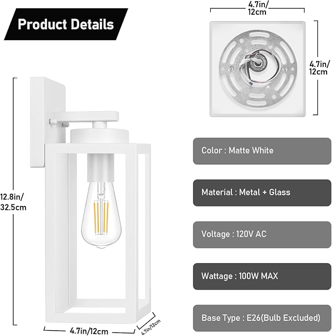 BesLowe Outdoor Wall Light Fixtures, Exterior Waterproof Wall Lanterns, Porch Sconces Lighting with E26 Sockets, Modern White Outside Lights for House Patio Front Door Entryway, 2-Pack