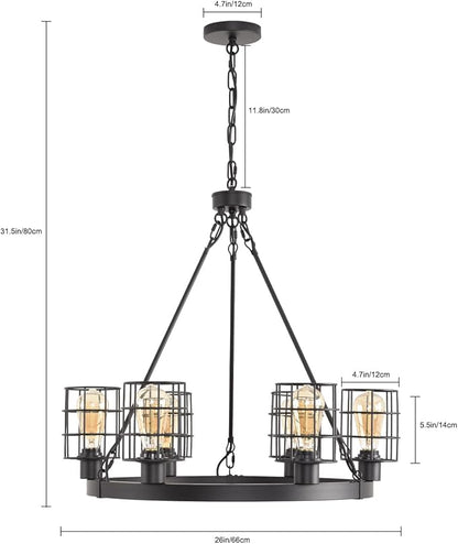 Wagon Wheel Chandelier Modern Farmhouse Pendant Light,Black Farmhouse Chandelier, 6-Light Wagon Wheel Chandelier with Adjustable Height, Dining Room Light Fixture, Hanging Lights
