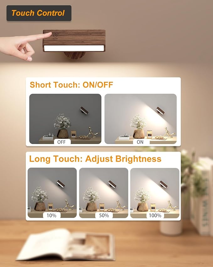 DetarZinLED Wall Lights Battery Operated Wooden,Magnetic Wall Sconces Rechargeable,Adhesive Wall Lights for Bedroom,Dimmable Wall Mounted Bedside Lamp,Cordless Battery Wall Sconce for Bedroom Reading