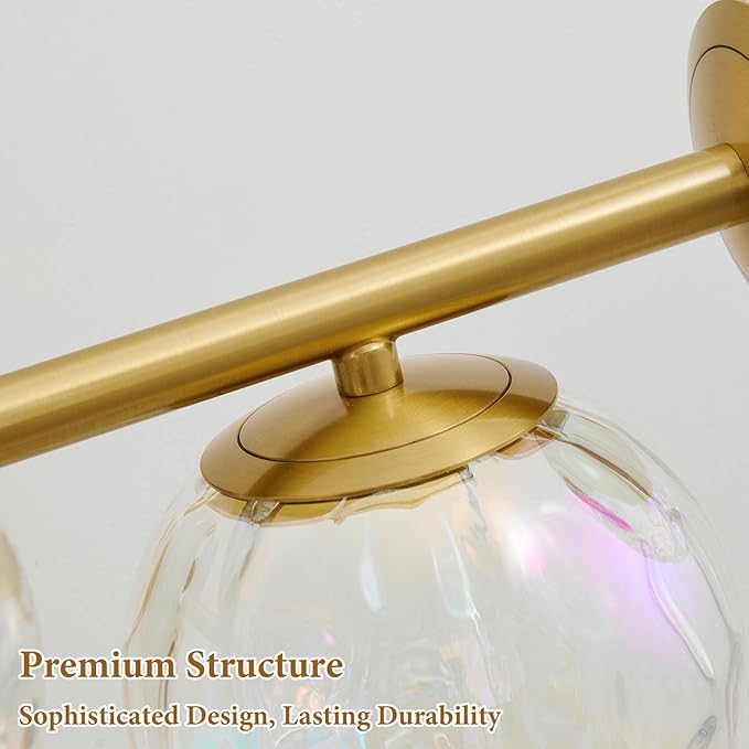Gold LED Bathroom Vanity Light: 5-Light Stained Hammered Glass Colorful Globes Brass Vanity Lights Fixture over Mirror for Bath Room Makeup - Unique Mid Century Modern Brushed Gold Entryway Wall Light