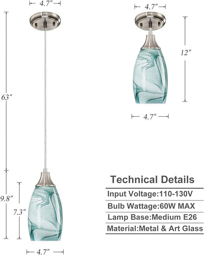 karyfine Mini Pendant Lights Kitchen Island Light Brown Glass Lamp Shade Hand Blown Glass Pendant Light with Brush Nickel Finish Adjustable Cord for Kitchen Over Sink (Green Marble-3Packs)