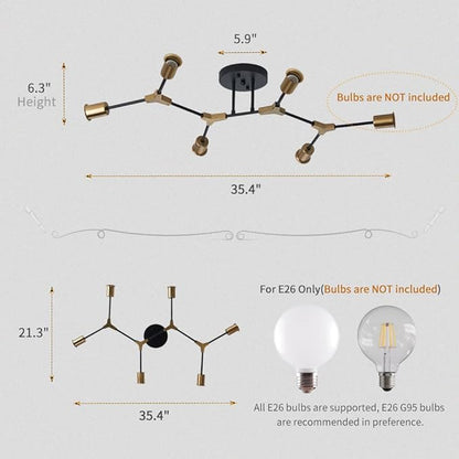Modern Gold and Black Sputnik Semi Flush Mount Ceiling Light Fixture for Dining Room Living Room Bedroom Kitchen Closet Hallway Aisle, Mid Century Metal 6 Light Chandelier