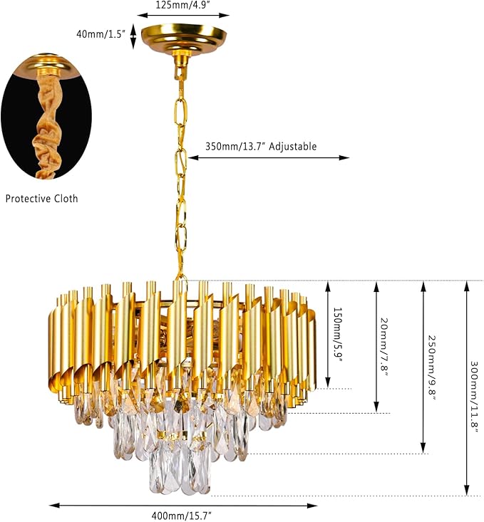 FRIXCHUR 16-Inch Modern Gold Crystal Chandelier, Ceiling Light Fixture, Adjustable Pendant Light – Suitable for Dining Room, Foyer, Kitchen and Bedroom