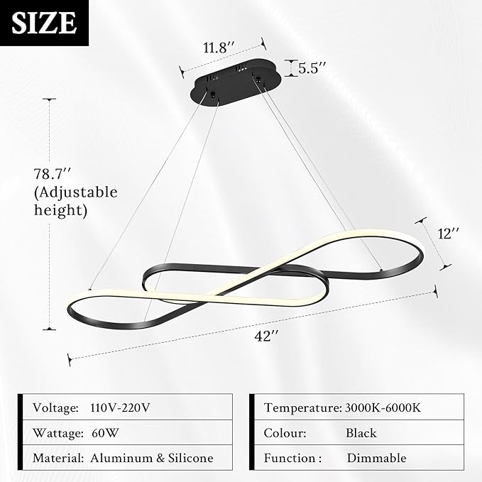 Modern LED Chandelier Black Dimmable LED Pendant Light for Dining Room Light Fixture Over Table Modern Kitchen Island Lighting High Ceiling with Remote for Living Room(42 Inch, 3000K-6500K)