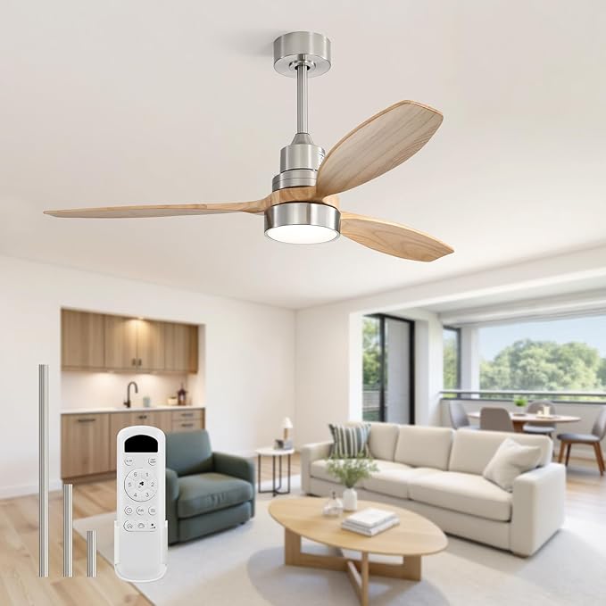 Sofucor Ceiling Fan with Lights, 52 Inch Low Profile Flush Mount Mordern Wood Ceiling Fan with Remote for Indoor Farmhouse Bedroom Living Room Outdoor Patio Porch, Reversible DC Motor, Noiseless