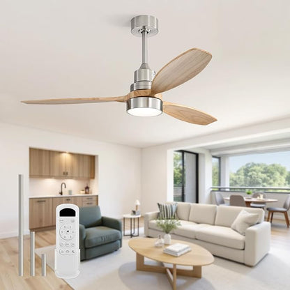 Sofucor Ceiling Fan with Lights, 52 Inch Low Profile Flush Mount Mordern Wood Ceiling Fan with Remote for Indoor Farmhouse Bedroom Living Room Outdoor Patio Porch, Reversible DC Motor, Noiseless