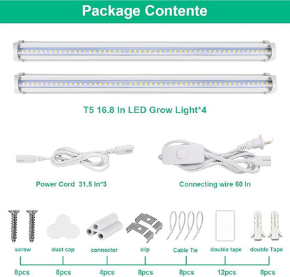 T5 Grow Lights 5000K Full Spectrum,1.4FT (4pcs x 10 Watts) Plant Growing Lamp,End-to-End Connectable Led Light Strips for Indoor Plants Succulents Flowers Growing