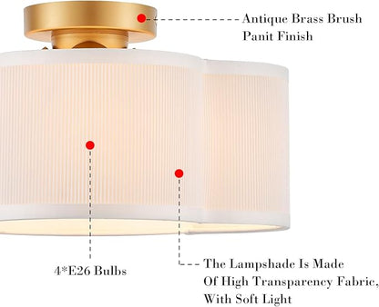 VILUXY Gold Semi Flush Mount Ceiling Lights, 4-Light Modern Ceiling Light Fixture with White Pleated Fabric Shade in Flower Shade Nursery Light Fixture for Hallway Bedroom