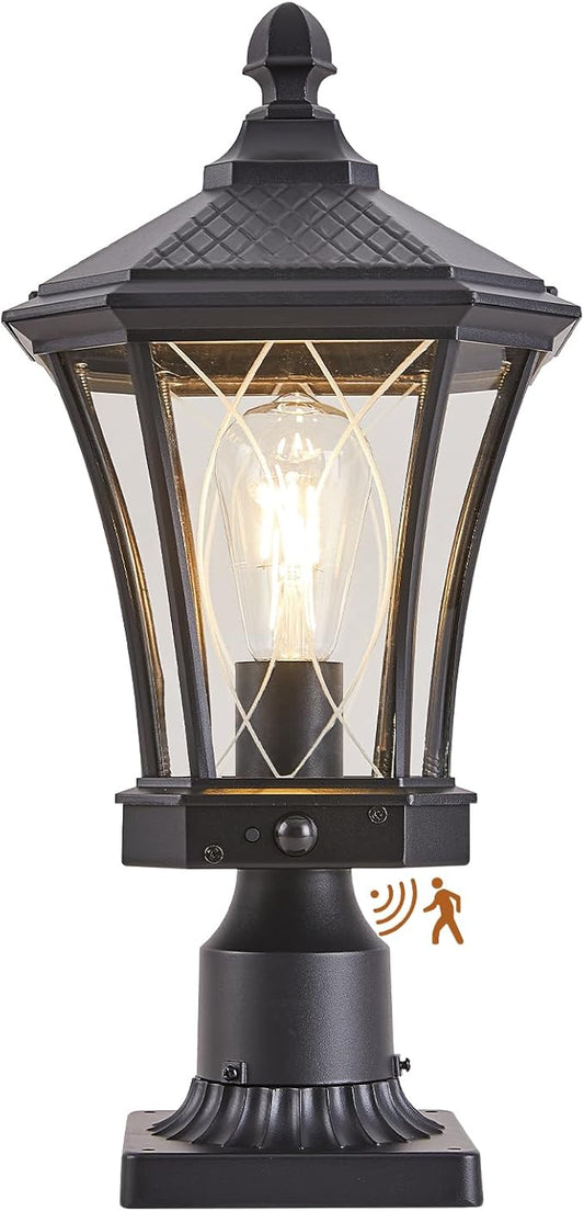 Motion Sensor Outdoor Post Lights with Pier Mount Base, Dusk to Dawn Outdoor Pillar Lamps Waterproof Exterior Post Lamp with Patterned Glass Outdoor Pole Lights for Patio, Porch, Gate