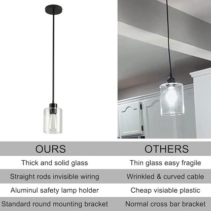 3 Pack Black Pendant Lights Kitchen Island, Modern Industrial Matte Black Hanging Light Fixtures, Adjustable Downrod Farmhouse Glass Pendant Lighting for Dining Room Bedroom Hallway Entryway