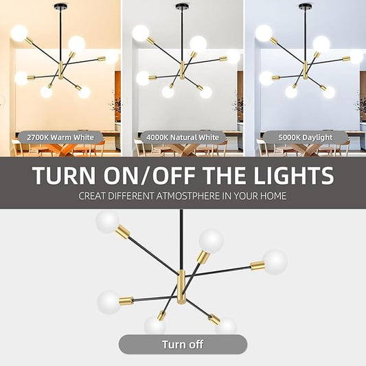 CANMEIJIA Modern Modern Sputnik Chandelier, Industrial Black Gold Ceiling Light Fixture,6-Light Pendant Light Fixture for Kitchen Island,Bedroom Dining Room Living Room