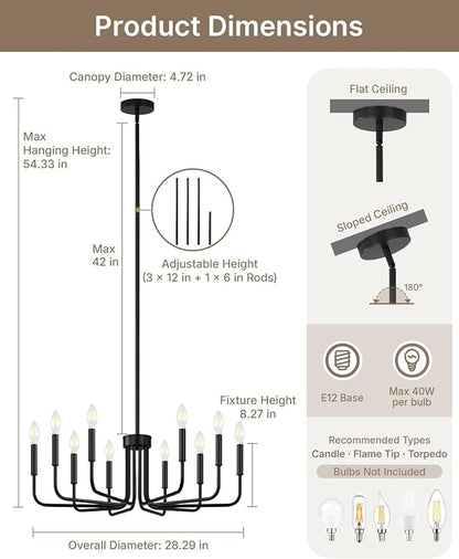 Yunnix 10 Light Matte Black Chandelier, Farmhouse Chandeliers for Dining Room Lighting Fixtures Hanging with Wrought Iron for Bedroom, Kitchen Foyer and Living Room