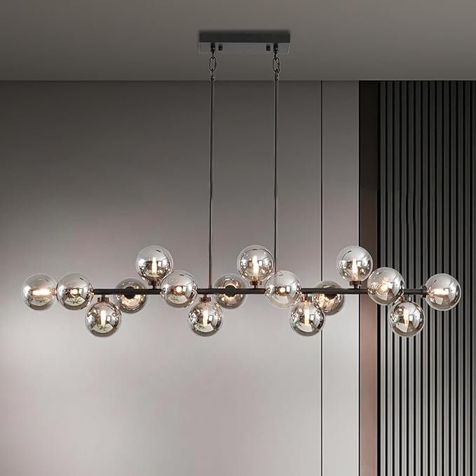 Black Large Linear Sputnik Chandelier, 55" Mid Century Modern Chandelier with 16 Grey Glass Lampshades, Big Modern Globe Chandeliers for High Ceiling Dining Room Kitchen Island - Black