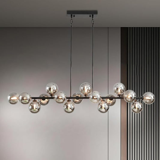 Black Large Linear Sputnik Chandelier, 55" Mid Century Modern Chandelier with 16 Grey Glass Lampshades, Big Modern Globe Chandeliers for High Ceiling Dining Room Kitchen Island - Black