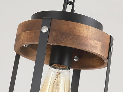 Rustic Farmhouse Wood Pendant Light Fixture One-Light Adjustable Chain Oak Wood and Metal Lantern Drum Small Pendant Lighting for Kitchen Island Sink Hallway Farmhouse Bathroom Bar, Black