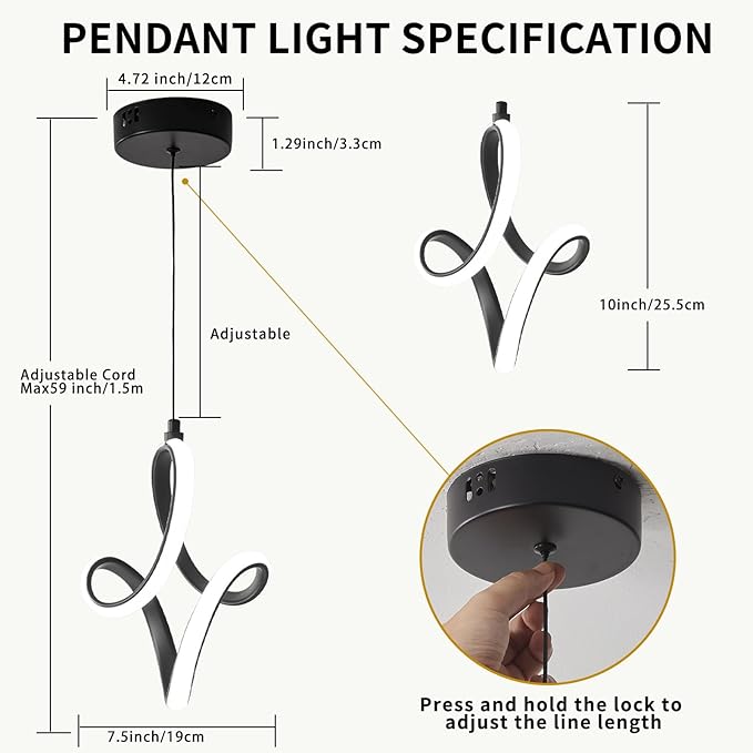 Modern Led Pendant Light 5500K Cold White Kitchen Island Pendant Light Fixtures Adjustable Height Led Pendant Lamp for Kitchen Island Dining Room Hanging Light, 1 Pack (Black)