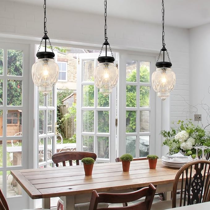Vintage Pendant Lights Kitchen Island, Black Kitchen Pendant Lighting Over Island, Bathroom Pendant Light With 7.9" w*10.6" h Glass, Farmhouse Sink Light For Closet Pantry Entryway, Height Adjustable