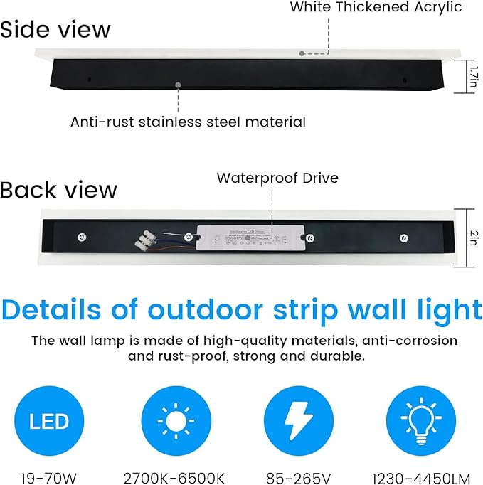 23.6inch Porch Wall Lights - Long Strip Modern Outdoor Wall Light Fixture, Dimmable Black Wall Mount Exterior Lighting Wall Sconce Outside Garage Lights for House, Courtyard, Corridor