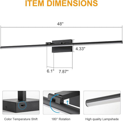 LED Bathroom Vanity Light, Modern Bathroom Light Fixture Over Mirror (3000K/4000K/6000K, Dimmable), Vanity Light Bar with Angle Adjustable, 48 Inch, Black