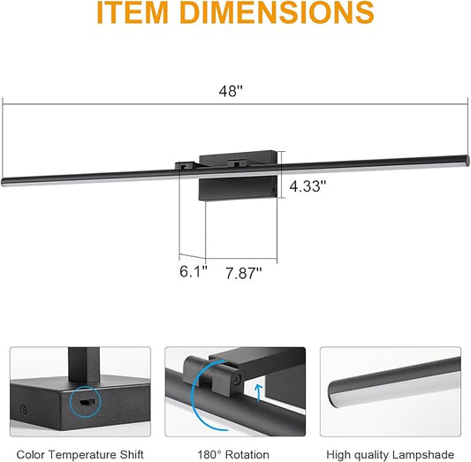LED Bathroom Vanity Light, Modern Bathroom Light Fixture Over Mirror (3000K/4000K/6000K, Dimmable), Vanity Light Bar with Angle Adjustable, 48 Inch, Black