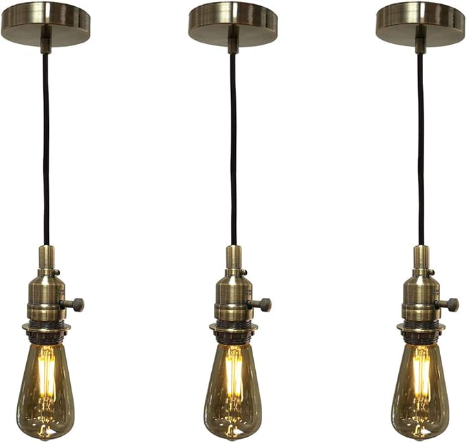 Royal Designs, Inc. Hanging Pendant Lighting, Vintage-Style Keyless Uno Threaded Dimmable Pendant Light Socket and Canopy, Antique Brass with Brown Rayon Fabric Cord