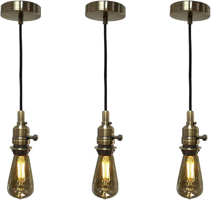 Royal Designs, Inc. Hanging Pendant Lighting, Vintage-Style Keyless Uno Threaded Dimmable Pendant Light Socket and Canopy, Antique Brass with Brown Rayon Fabric Cord