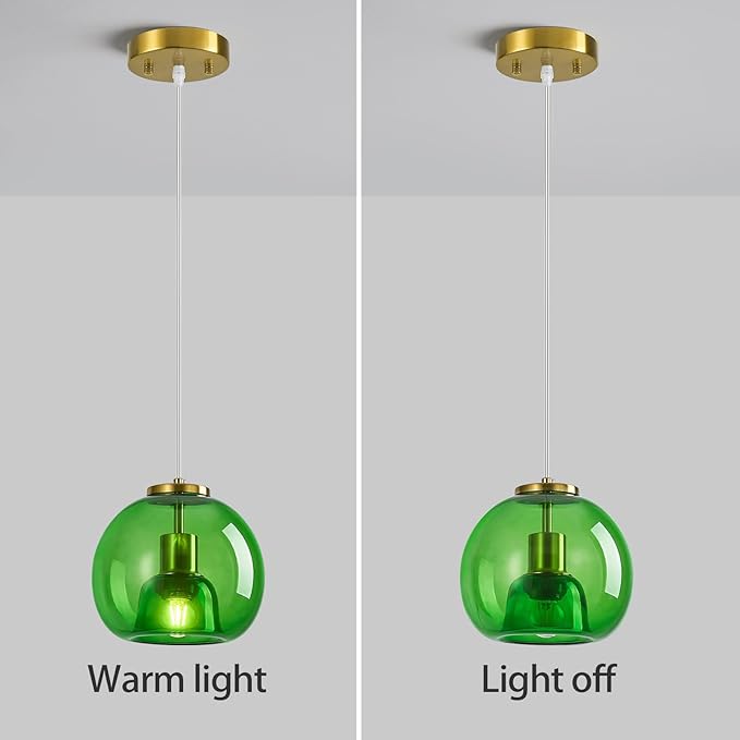 Green Glass Pendant Lights Kitchen Island Gold Hanging Light Fixture Glass Globe Pendant Light Modern Pendant Lighting for Kitchen Island Bedroom Dining Room (7.87", 3 Pack)